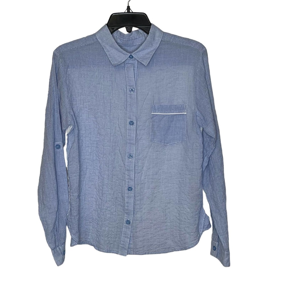 UGG Button Up Shirt Size XS Blue Check White Back Stretch Roll Tab Sleeves